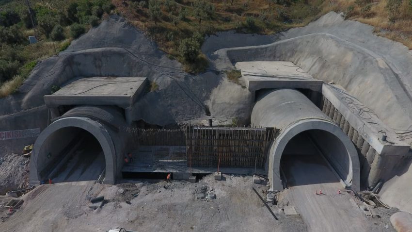High-angle view of a construction site with two tunnels in Çanakkale, Turkey.